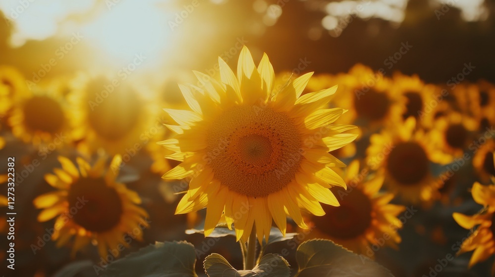 Fototapeta premium sunflower field at golden hour, vibrant yellow flowers, soft warm light, rich blue sky, peaceful countryside, joyful atmosphere, endless rows of sunflowers, bright colors