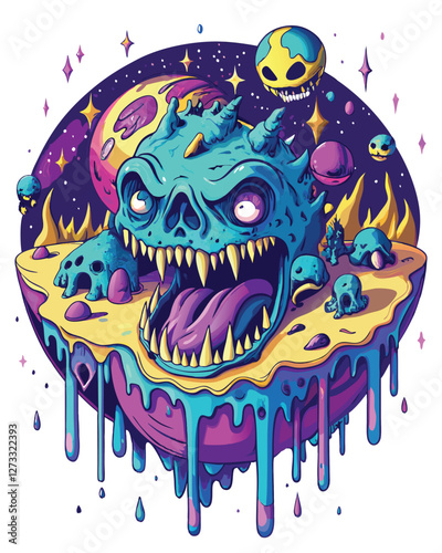 Render a surreal planet, dripping viscous fluids, with minuscule, screaming faces embedded within its surface; emphasize unsettling detail and vibrant, unnatural colors.