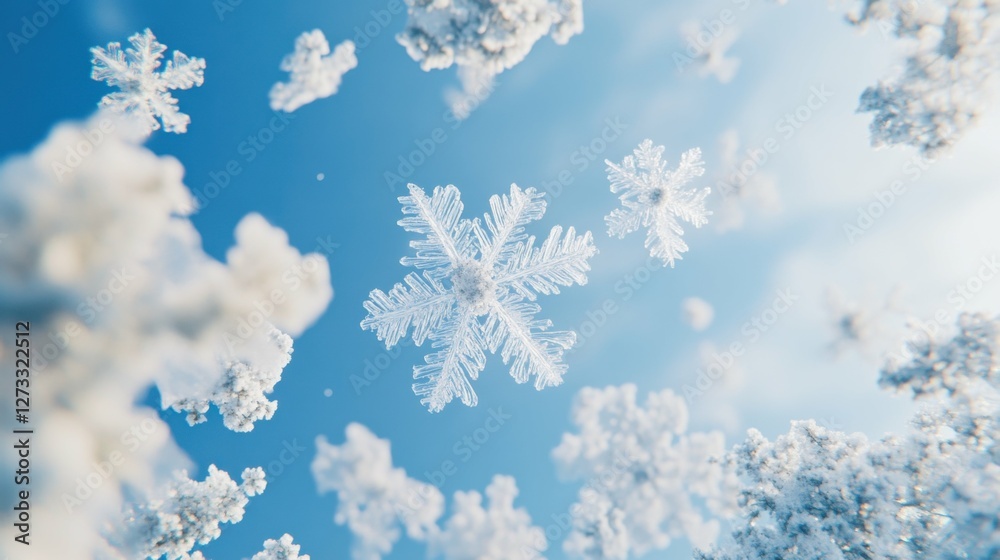 intricate snowflakes floating in a winter sky, isolated light blue background, detailed and delicate, peaceful and serene, winter wonderland atmosphere intricate snowflakes floating in a winter sky, isolated light blue background, detailed and delicate, peaceful and serene, winter wonderland atmosphere