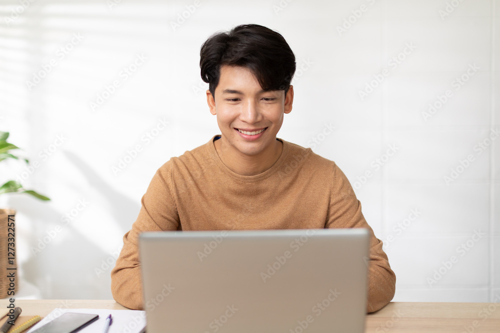 young man smiling while working on laptop at desk in bright, minimalistic workspace
