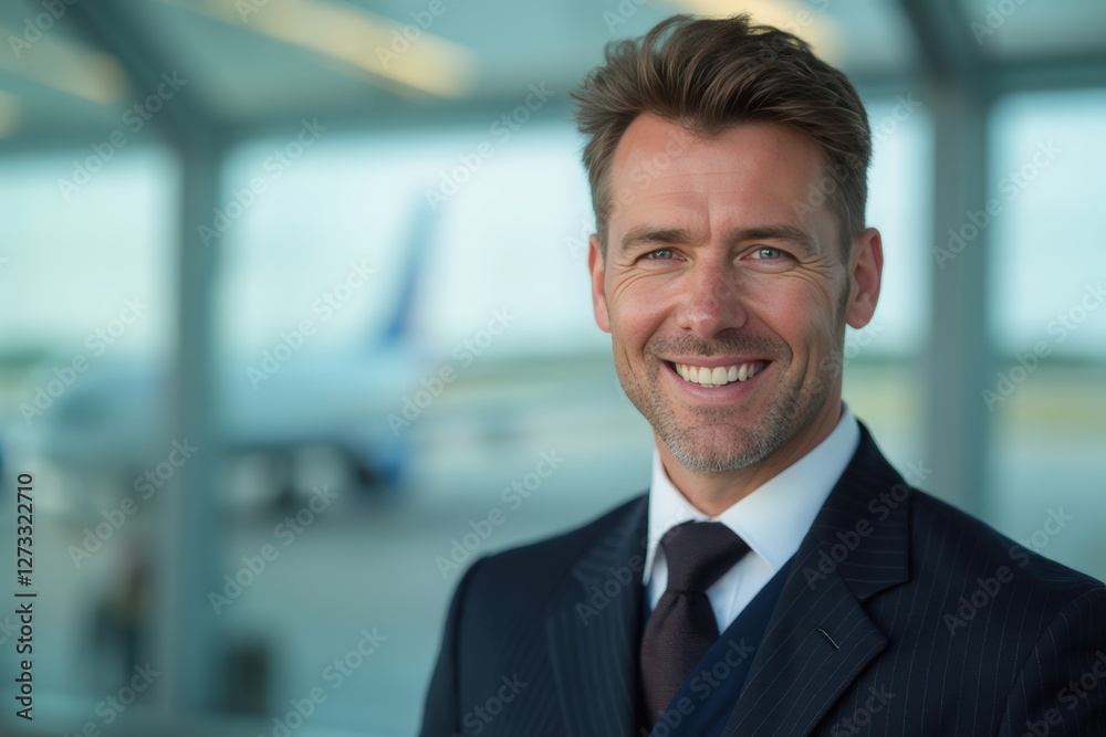 Head and shoulders Portrait of an elegant stylish Luxembourgish 50 years old male flight attendant in uniform. Head and shoulders Portrait of an elegant stylish Luxembourgish 50 years old male flight attendant in uniform.