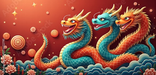 Wallpaper Mural Vibrant illustration of three dragons against a rich background, embodying strength and power. Ideal for themes of prosperity, culture, and mythology. Torontodigital.ca