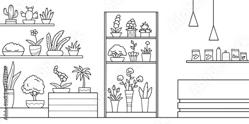 Flower shop interior graphic black white sketch illustration vector 