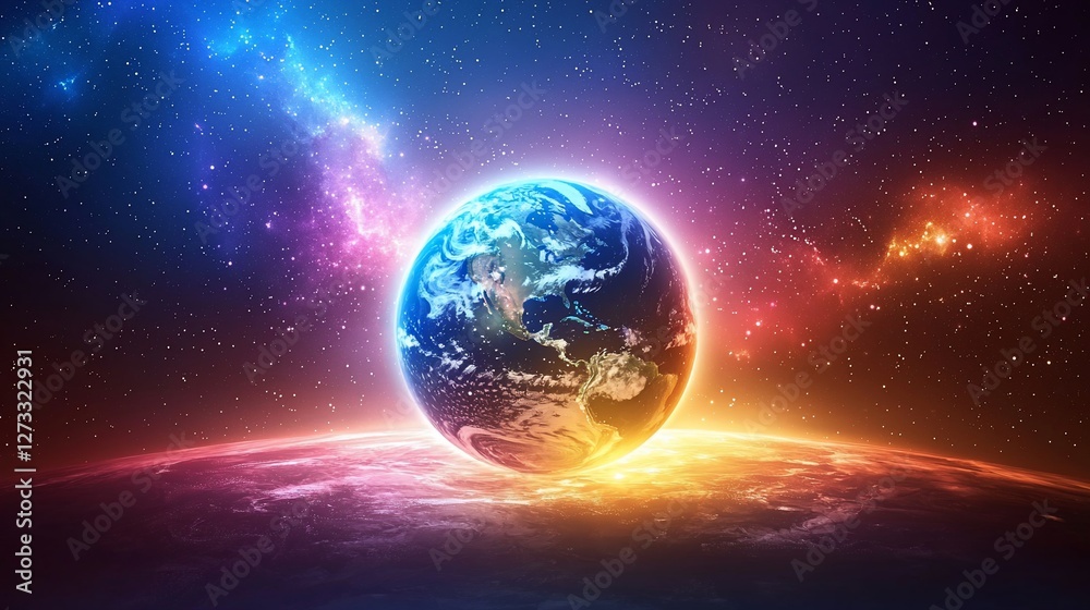 Glowing Earth in vibrant cosmic nebula. Glowing Earth in vibrant cosmic nebula.