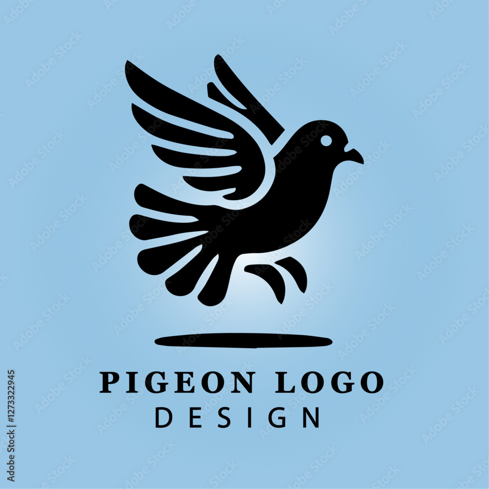 Fototapeta premium Black Pigeon Logo with Stylized Wings on Light Blue Gradient Background for Business, Peace, Communication, Corporate Identity, and Branding Concepts 