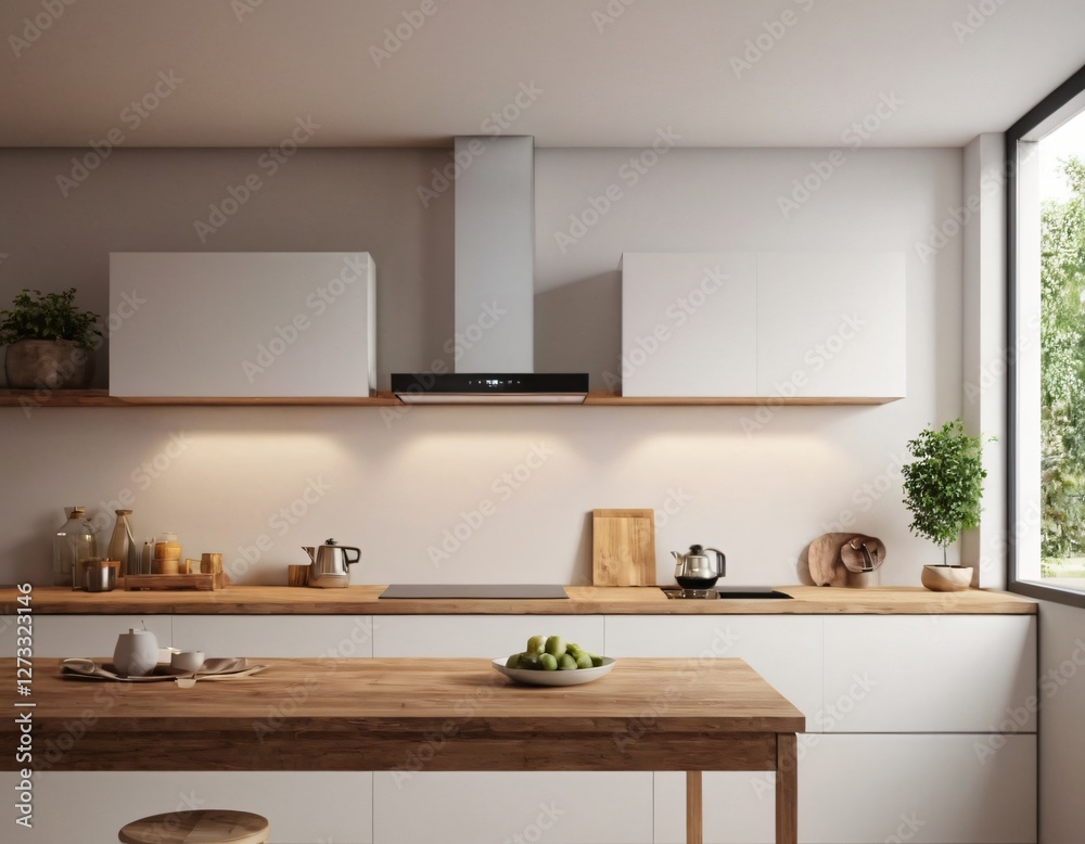 Fototapeta premium Modern Kitchen interior with empty blank wall for mockup template display. 3D Rendering