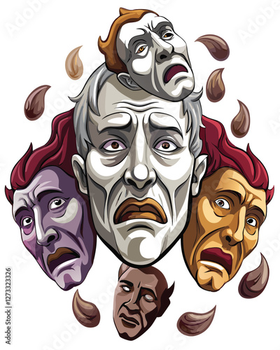 A surreal portrait a human face dissolving into a cloud of floating, expressive masks, each revealing a different emotion or personality facet.