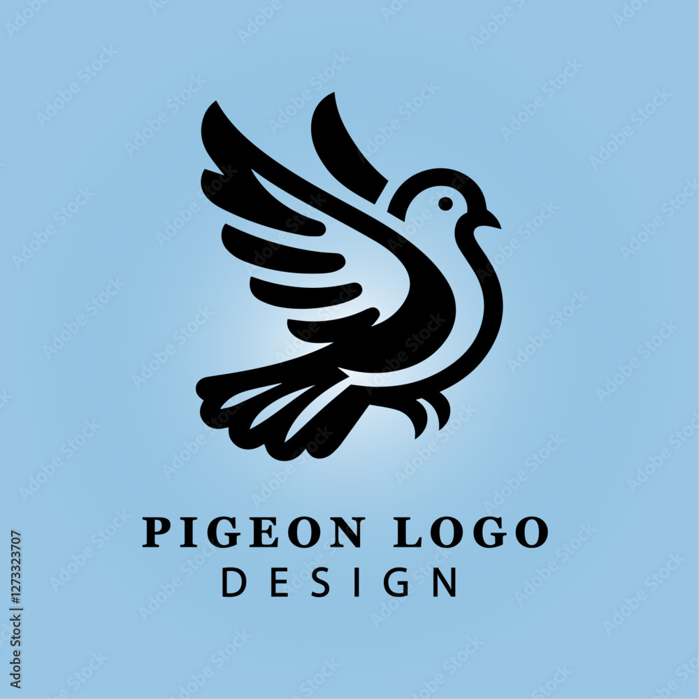 Fototapeta premium Black Pigeon Logo with Stylized Wings on Light Blue Gradient Background for Business, Peace, Communication, Corporate Identity, and Branding Concepts