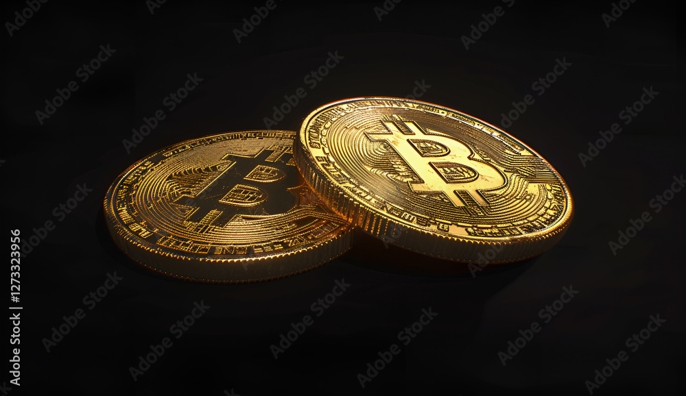 Złote monety Bitcoin na czarnym tle. Złote monety Bitcoin na czarnym tle.