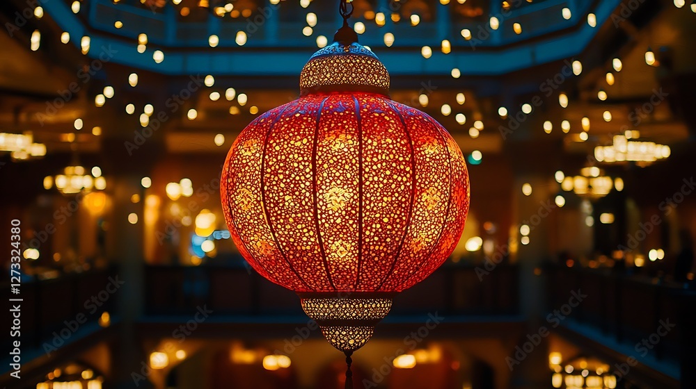 Fototapeta premium Close-up of a decorative, glowing lantern hanging inside a building with blurred lights