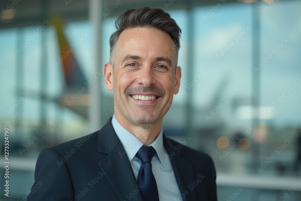 Head and shoulders Portrait of an elegant stylish Mauritian 50 years old male flight attendant in uniform. Head and shoulders Portrait of an elegant stylish Mauritian 50 years old male flight attendant in uniform.