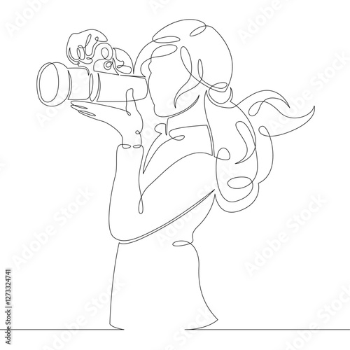 One continuous drawing line logo portrait the girl is shooting on a photo camera .Single hand drawn art line doodle outline isolated minimal illustration cartoon character flat