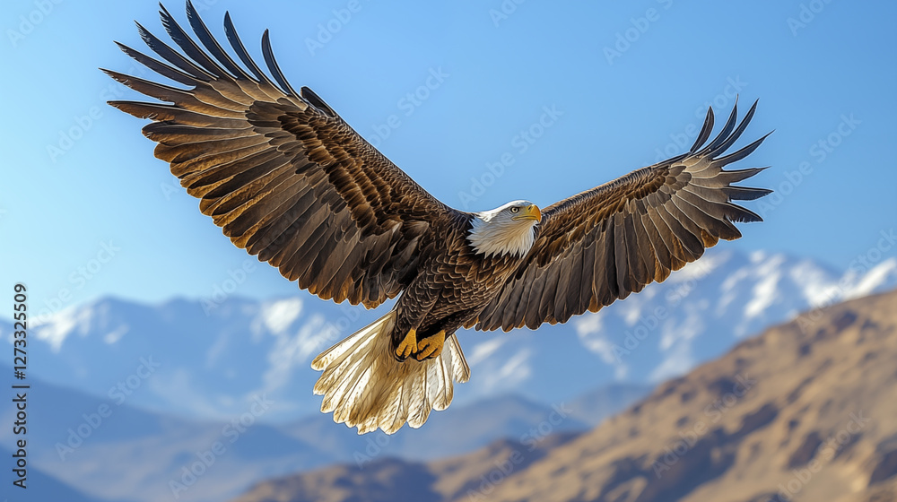 Naklejka premium Bald eagle soaring against snowy mountain backdrop, displaying majestic wingspan in natural habitat