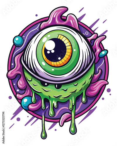 Surreal digital painting of a floating eyeball with a swirling, hypnotic iris and dripping, viscous substance.  High detail, vibrant colors.