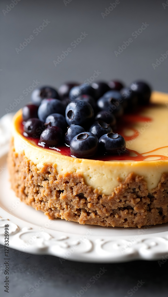 A creamy keto cheesecake with a nut-based crust, topped with a layer of fresh blueberries and a drizzle of sugar-free syrup, served on a white dessert plate, square orientation A creamy keto cheesecake with a nut-based crust, topped with a layer of fresh blueberries and a drizzle of sugar-free syrup, served on a white dessert plate, square orientation