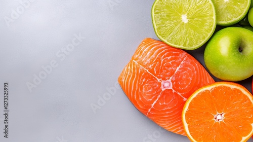 Fresh Salmon Fillet with Vibrant Orange, Green Apple, and Lime on Gray Background photo