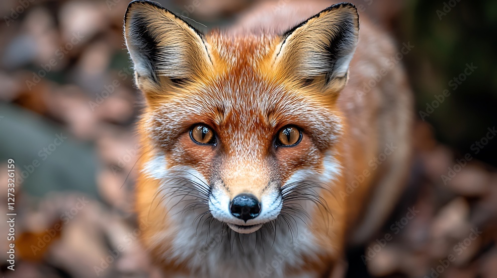 Fototapeta premium Close-up of fox in forest, looking at camera, natural light, autumn foliage, wildlife, nature
