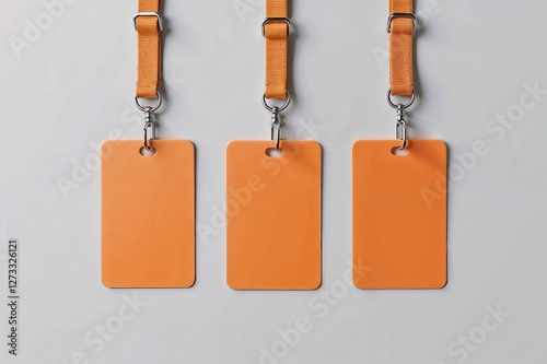 Three orange blank ID tags hanging from lanyards on a light gray background