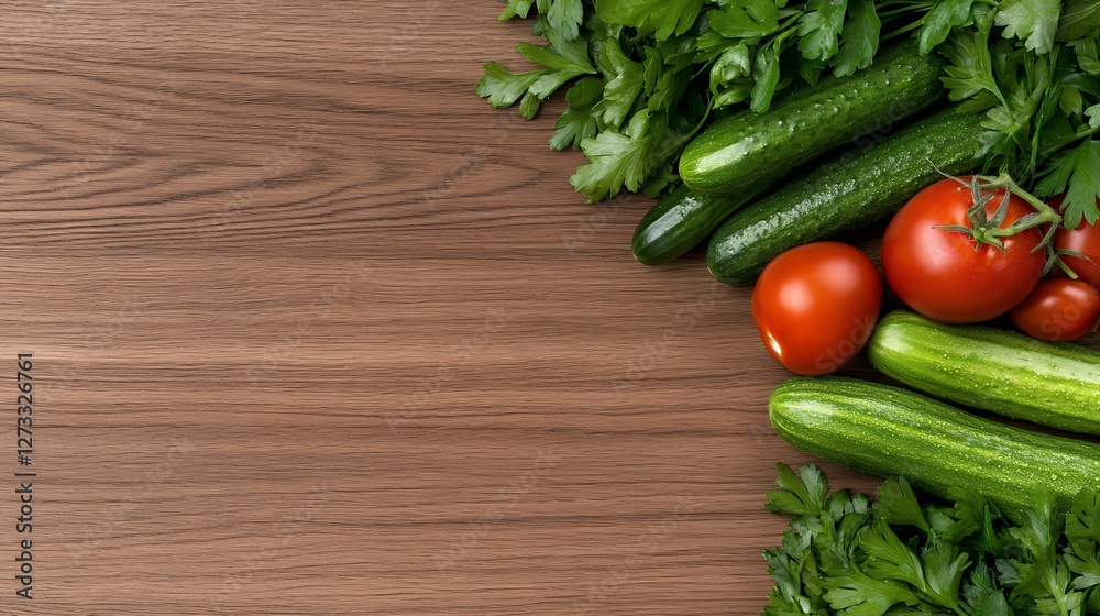 Fresh Vegetables Including Cucumbers Tomatoes And Herbs On Rustic Wooden Table Fresh Vegetables Including Cucumbers Tomatoes And Herbs On Rustic Wooden Table