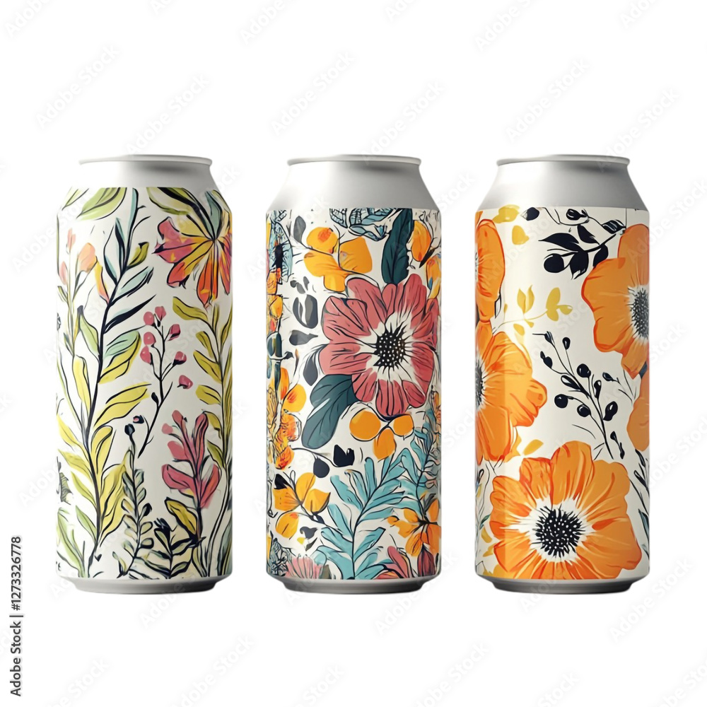 Three floral cans vibrant designs beverage packaging Three floral cans vibrant designs beverage packaging