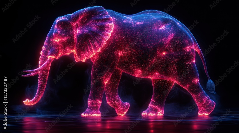 Neon Elephant Walking, Dark Studio, Abstract Art, VFX Neon Elephant Walking, Dark Studio, Abstract Art, VFX