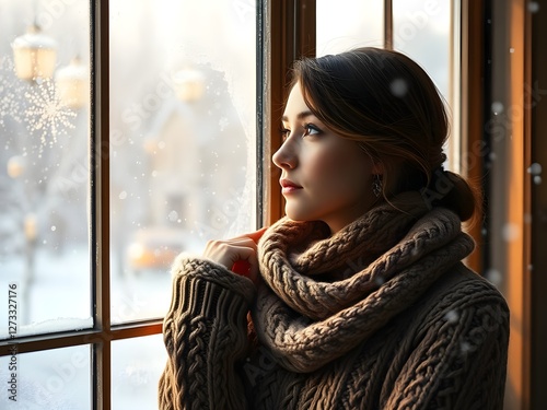 Portrait of young woman in winter sweeter looking through snowy window.