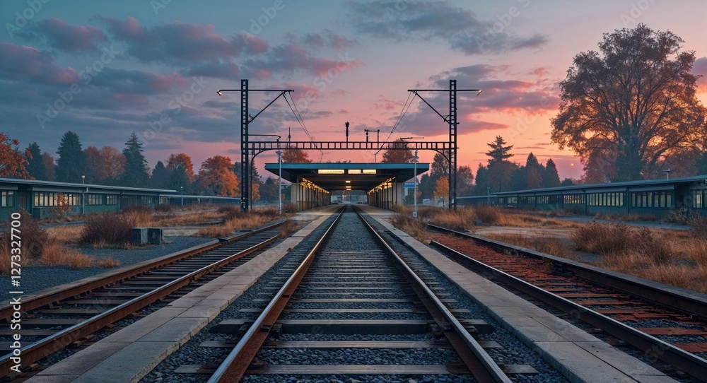 Desolate train station platform at twilight in autumn with rusty rails Desolate train station platform at twilight in autumn with rusty rails