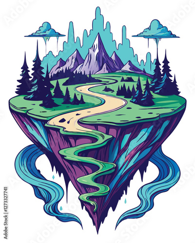 Ethereal floating island, surrealistically twisting mountain peak piercing clouds, vibrant fantasy landscape.