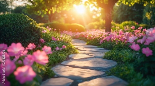 Sunlit garden path through vibrant pink flowers