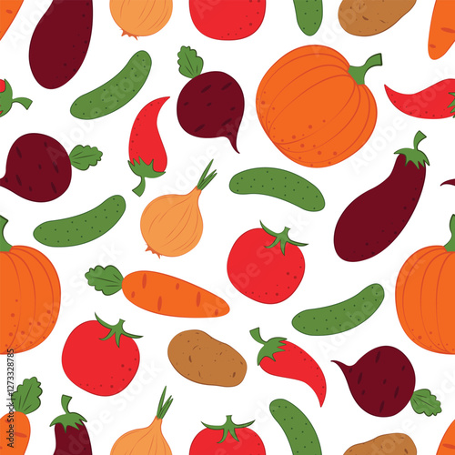 Vegetables are a pattern. Seamless pattern with the image of vegetables such as pumpkin, beetroot, cucumber,potatoes and also pepper, eggplant and carrots. Vegetables in a linear style. Vector
