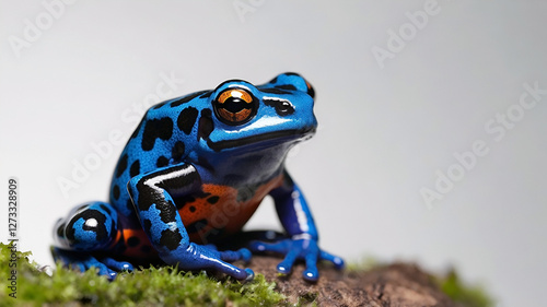Amazonian poison dart frog. Vivid blue orange frog with black spots.