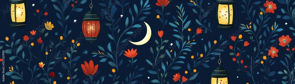 Decorative illustration features lanterns moon flowers and foliage pattern Decorative illustration features lanterns moon flowers and foliage pattern