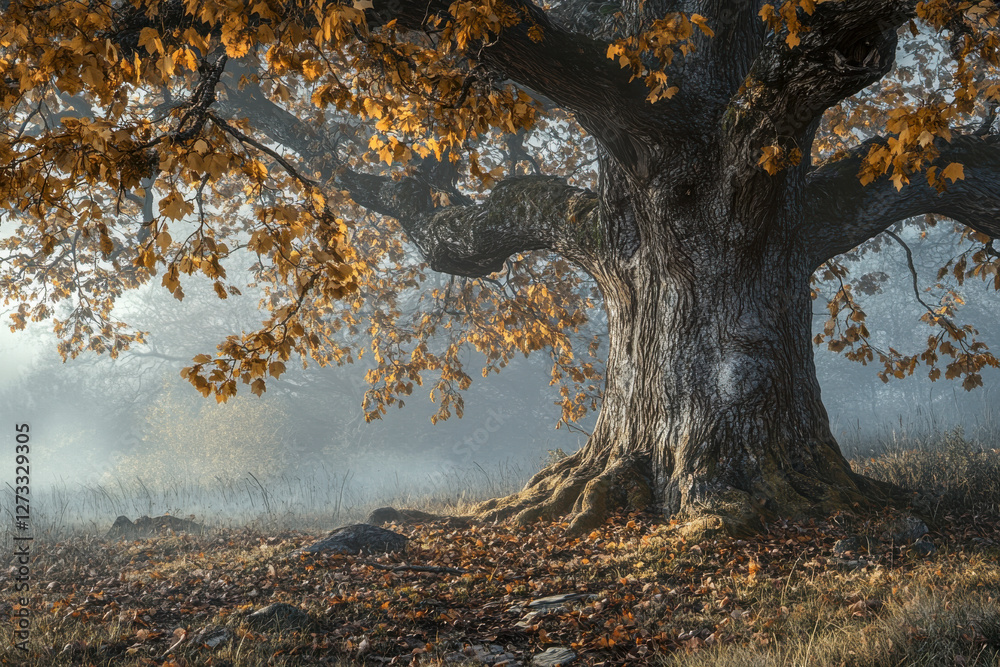 Eiche, Baum im Morgenlicht, Herbststimmung, Generative AI