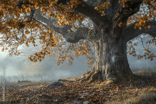 Obraz na płótnie Eiche, Baum im Morgenlicht, Herbststimmung, Generative AI w salonie