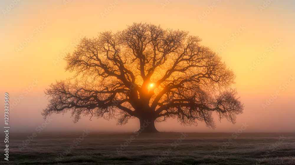 Baum ohne Blätter im Winter, Sonnenaufgang, Morgennebel, Generative AI