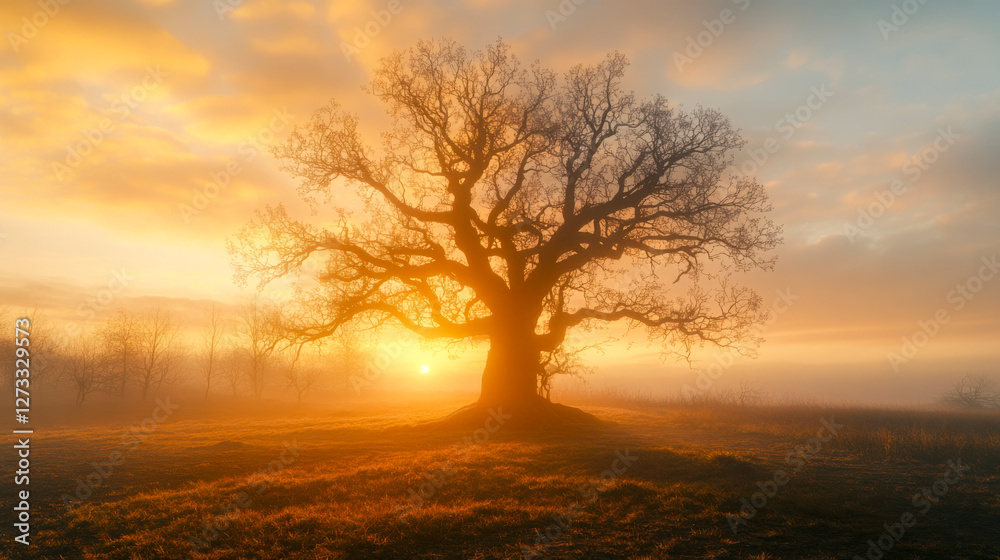 Baum ohne Blätter im Winter, Sonnenaufgang, Morgennebel, Generative AI