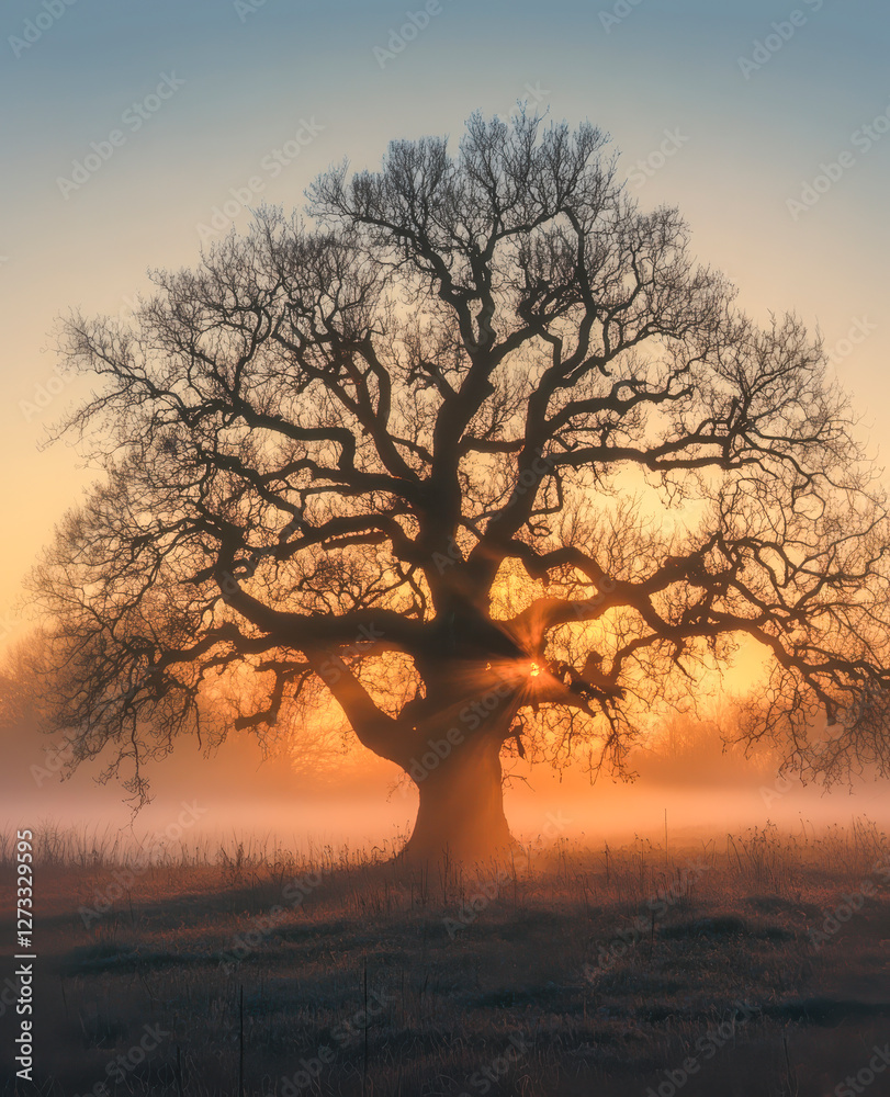 Baum ohne Blätter im Winter, Sonnenaufgang, Morgennebel, Generative AI