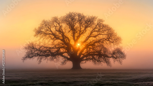 Obraz na płótnie Baum ohne Blätter im Winter, Sonnenaufgang, Morgennebel, Generative AI w salonie