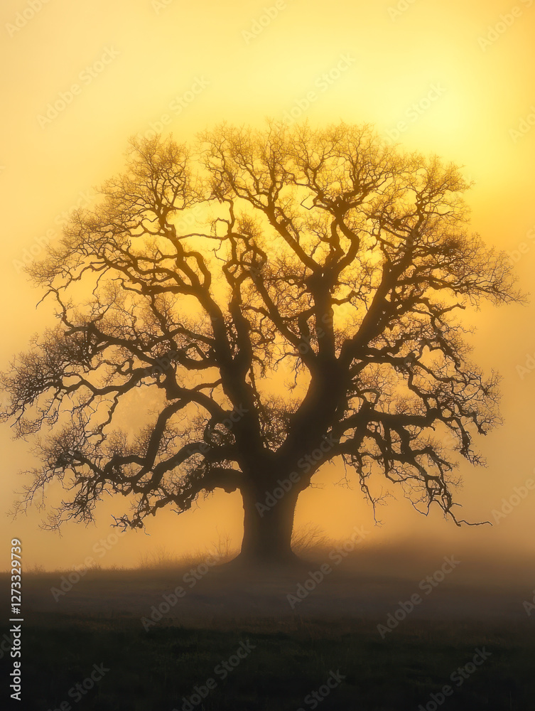 Baum ohne Blätter im Winter, Sonnenaufgang, Morgennebel, Generative AI