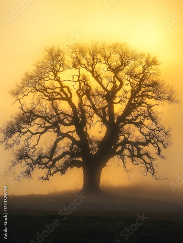Obraz na płótnie Baum ohne Blätter im Winter, Sonnenaufgang, Morgennebel, Generative AI w salonie