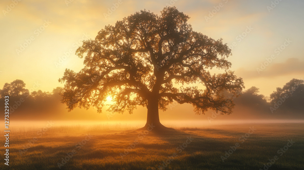 Baum ohne Blätter im Winter, Sonnenaufgang, Morgennebel, Generative AI