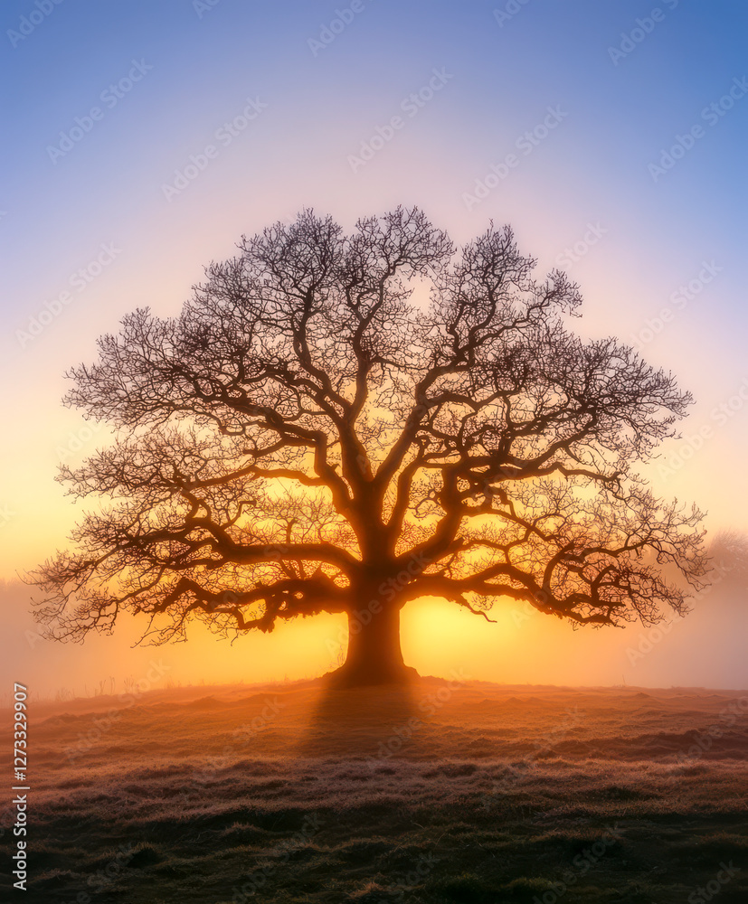 Baum ohne Blätter im Winter, Sonnenaufgang, Morgennebel, Generative AI