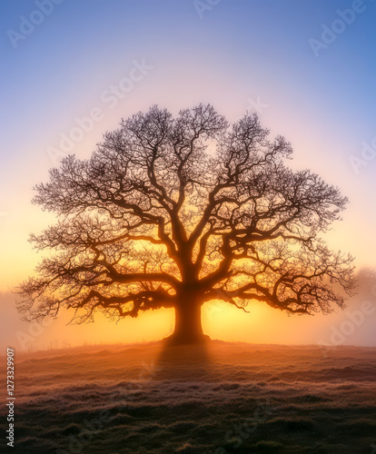 Obraz na płótnie Baum ohne Blätter im Winter, Sonnenaufgang, Morgennebel, Generative AI w salonie