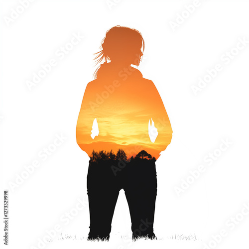 Double exposure, silhouette of a girl filled with a natural landscape with sunset photo