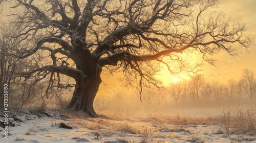 Baum ohne Blätter im Winter, Sonnenaufgang, Generative AI