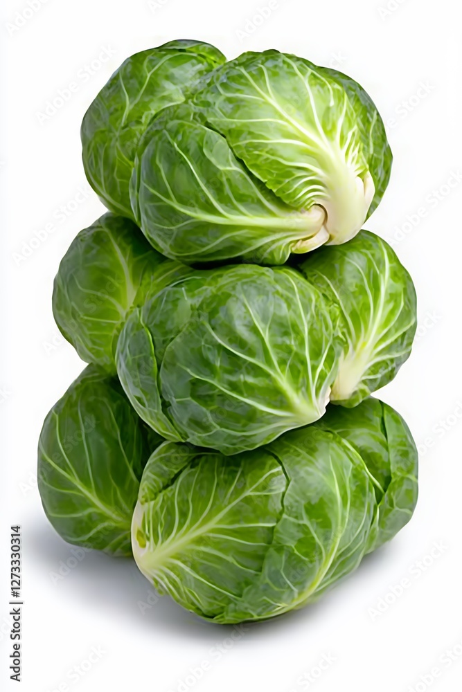 Obraz premium Freshly Harvested Green Brussels Sprouts Stacked on a White Background