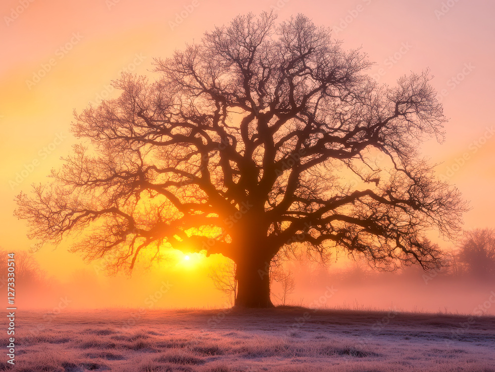 Baum ohne Blätter im Winter, Sonnenaufgang, Generative AI
