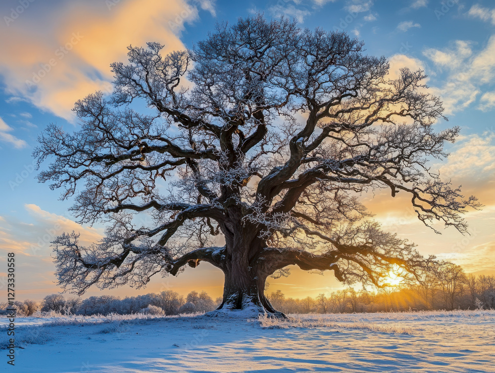 Baum ohne Blätter im Winter, Sonnenaufgang, Generative AI