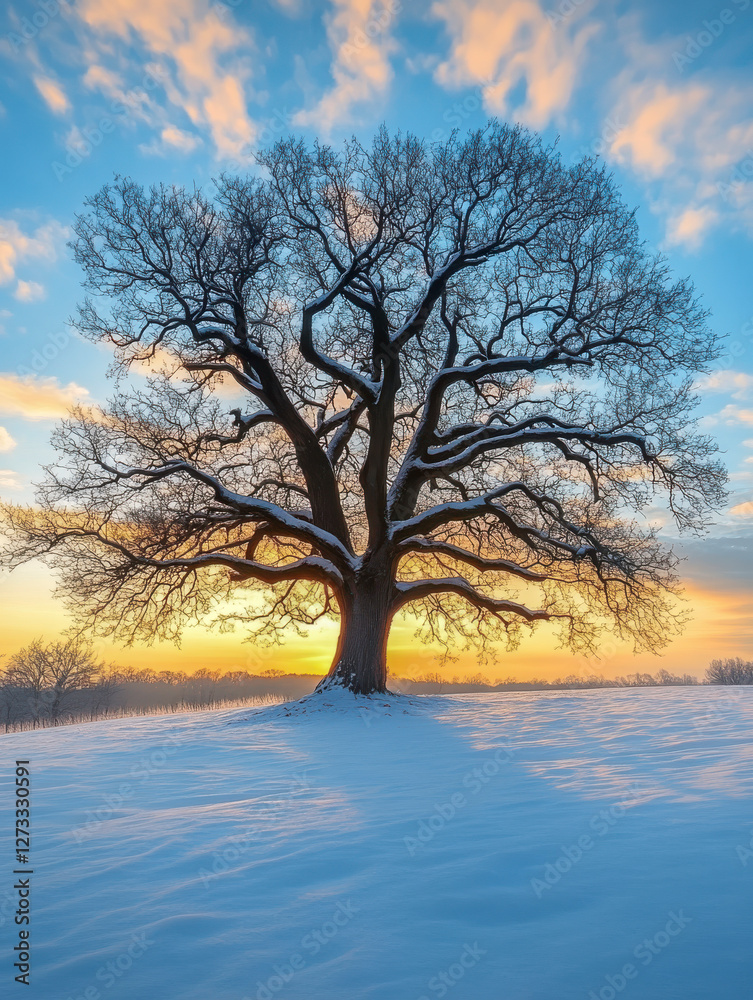 Baum ohne Blätter im Winter, Sonnenaufgang, Generative AI