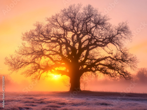 Obraz na płótnie Baum ohne Blätter im Winter, Sonnenaufgang, Generative AI w salonie